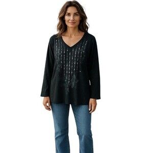 JMS Metallic Floral Tunic Top Long Sleeve Tee V-Neck Short Sleeves Black Size 4X